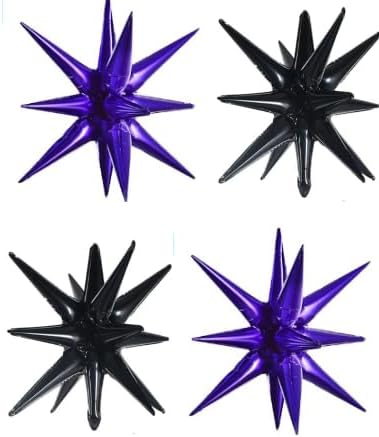 TONIFUL 4Pcs 22 Inch 4D Huge Star Balloons,Explosion Star Mylar Foil Balloons for Halloween Party Supplies Backdrop,Christmas,New Year,Birthday, Wedding,Photo Booth Ornament (Black Purple)