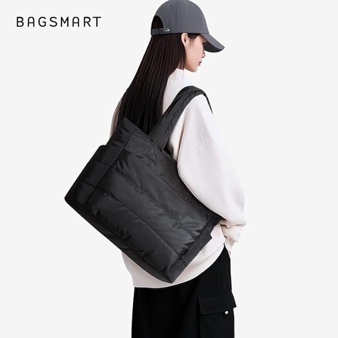 BAGSMART Tote Bag for Women, Lightweight Puffy Tote Bag with Compartments Shoulder Bag Handbag for Travel, Work, Gym | Puffy, Lightweight, for Travel, Quilted, Tote Bag with Compartments, Work