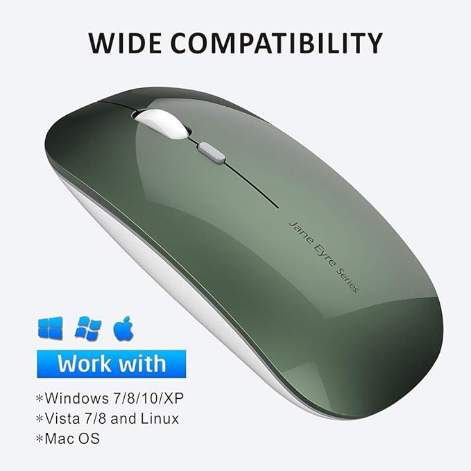 Uciefy Q5 Slim Rechargeable Wireless Mouse, 2.4G Portable Optical Silent Ultra Thin Wireless Computer Mouse with USB Receiver and Type C Adapter, Compatible with PC, Laptop, Desktop (Blackish Green)