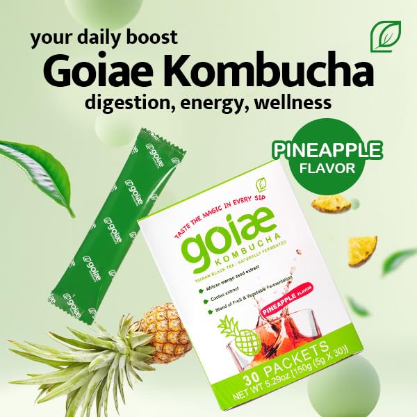 goiae Slimbucha,Pineapple Flavor 30 packets(Lemon • Apple)– Taiwanese High‑Altitude Tea • Rich in Postbiotics to Support Gut Flora • Patented Ingredients May Help Metabolism & Digestive Regularity • Only 18 Calories .Per Pack Packets,Net Wt. 5.29 oz(150g)