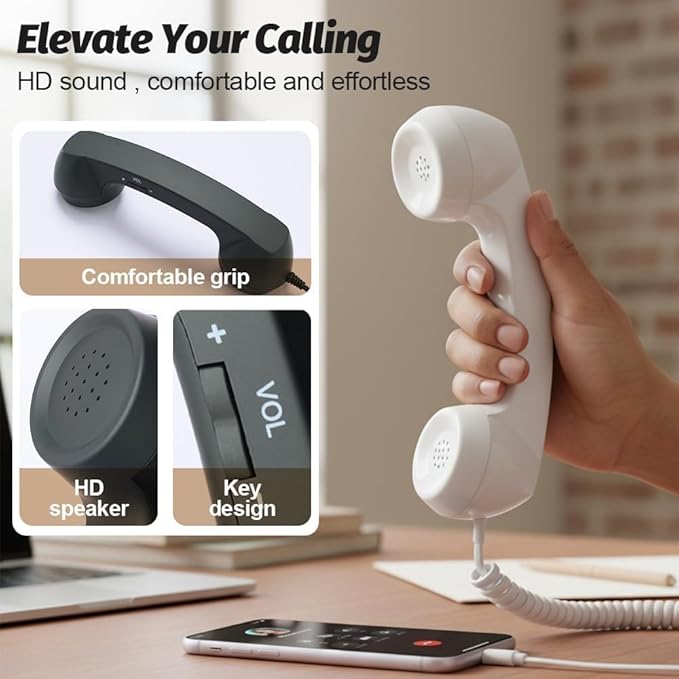 Retro Phone Handset, 2026 New Vintage Retro Telephone Wired Handsets Style Landline Handle Receiver for Cell Mobile Video Conferences, Calls, Meetings (Black,Type-C)