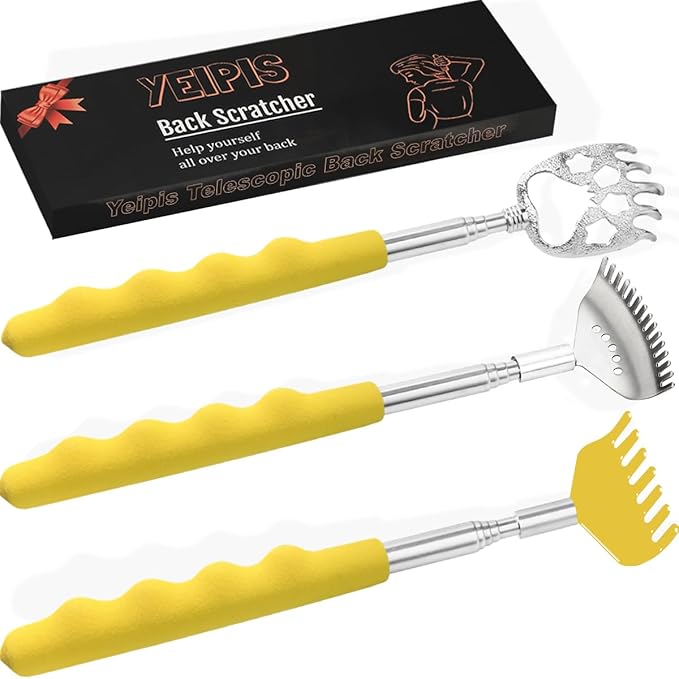3 Pack Different Back Scratcher, Extendable Manual Back Massager Tool Metal Portable Telescoping Back scratchers with Beautiful Box Gifts for Men Women Kids Adults(Yellow)