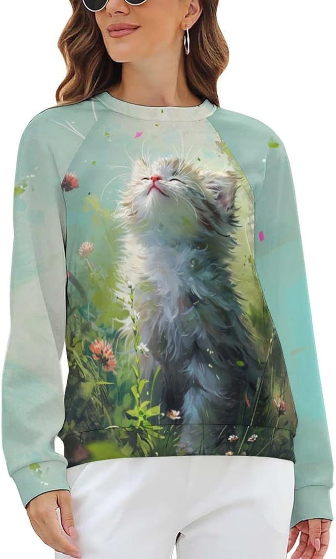 Long Sleeve Shirts for Women Cat Printed Fall Winter Dressy Holiday Casual Fashion Crewneck Tunic Tee Shirts