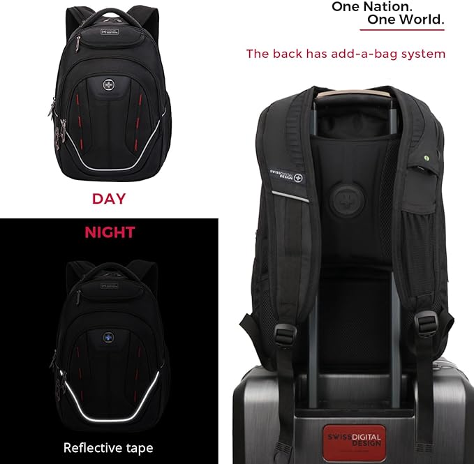 Swissdigital Design TSA Laptop Backpack Men's USB Charging Port Large Capacity Business Travel Backpack Black| With Apple Find My Network Black/Red | J16BTFB-41