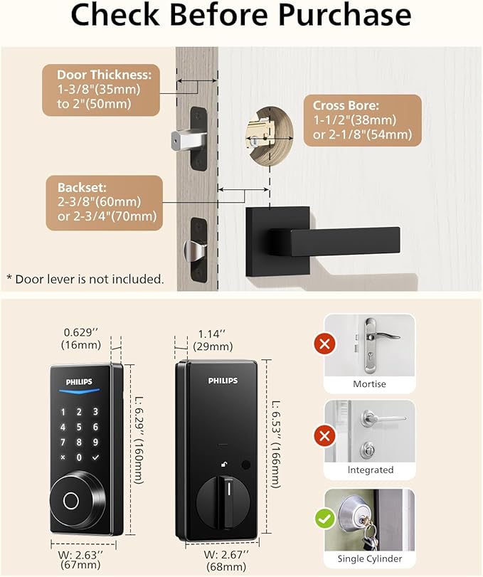 Philips Smart Door Lock with Matter, Keyless Entry Door Lock with App Control, Fingerprint Front Door Lock Set, Matter Over Thread, Touchscreen Keypad Deadbolt Lock with Apple Home, Alexa, Google