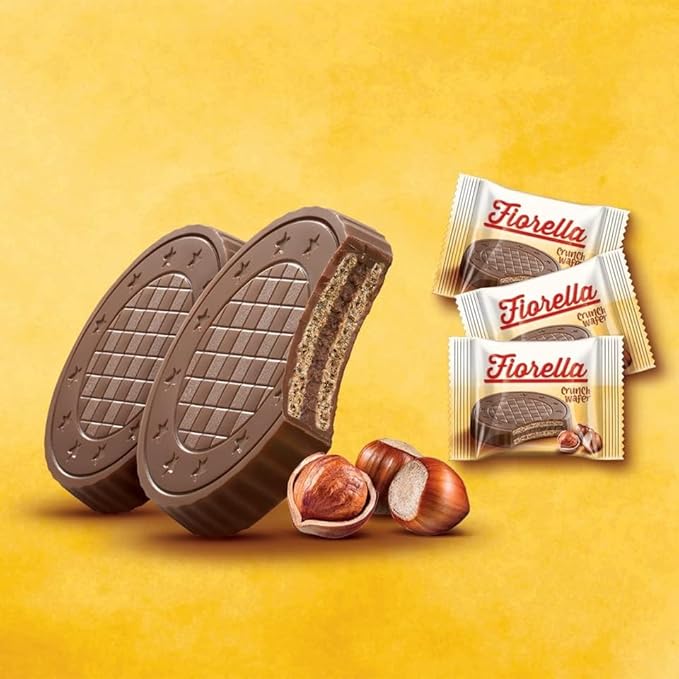 Fiorella Crunch Wafer Cookies, Milk Chocolate Covered Crispy Thin Crunch Wafers with Hazelnut Cream Filling, Chocolate Biscuits, 18 Individually Wrapped Snacks, Pack of 3