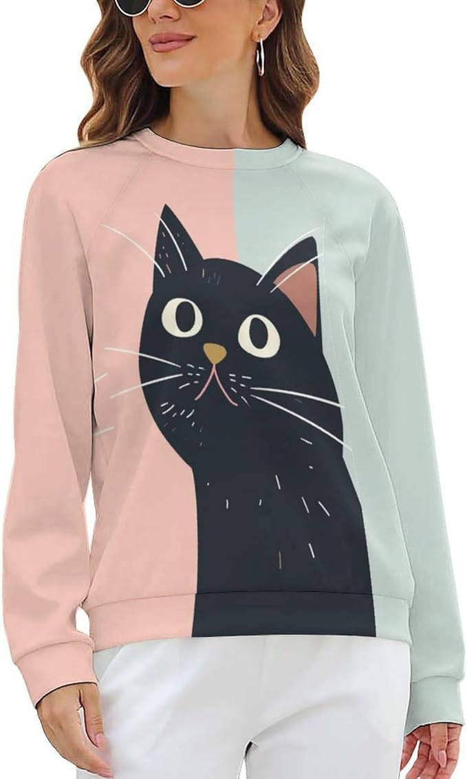Long Sleeve Shirt Women Fall Cat Print Funny Hide Belly Vacation Plus Size Ladies Hippie Dressy Sweaters