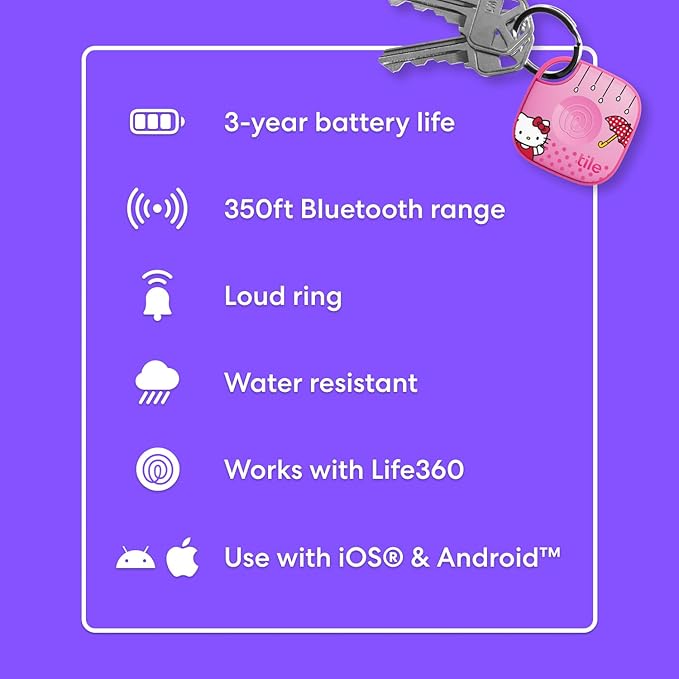 Tile by Life360 Starter Pack - Bluetooth Trackers and Item Finders for Keys, Wallets & More. Both iOS and Android Compatible. Phone Finder. 2-Pack, Mate/Slim (Tile x Hello Kitty: Rainy Day Adventures)
