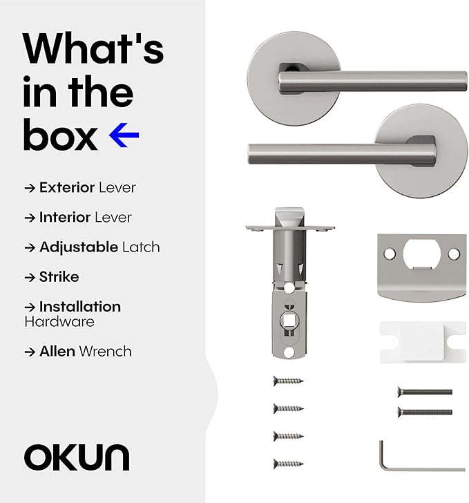 Okun Brio 2-Pack Brushed Nickel Passage Door Levers – Reversible Non-Locking Interior Handles with Sleek Concealed-Mount Design for Hallways & Closets