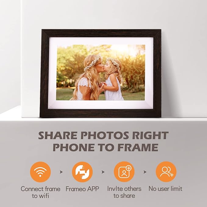 Frameo Digital Picture Frame WiFi 10.1inches Digital Photo Frame, Electronic Photo Frame Load from Phone, 1280x800 IPS Touch Screen HD Display, Auto-Rotate, Share Photos/Video-Great Gift(Brown Wood)