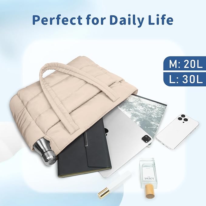 TOPDesign Puffer Tote Bag for Women, Lightweight Puffy Handbag with Compartments, Quilted Shoulder Bag for Work, Travel, Gym