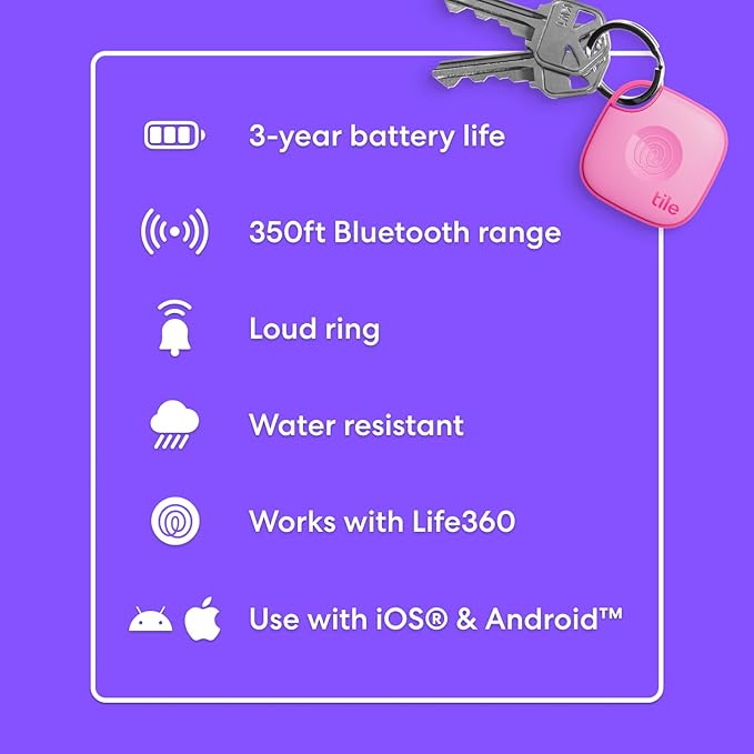 Tile by Life360 Mate - Bluetooth Tracker, Keys Finder and Item Locator for Keys, Bags and More. Phone Finder. Both iOS and Android Compatible. 1-Pack (Pink Punch)