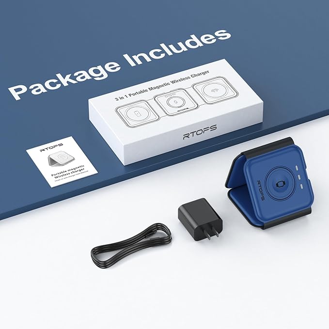 Wireless Charger 3 in 1,RTOPS Magnetic Travel Wireless Charging Station Multple Devices,GaN 3 in 1 Charging Station,Compatible for iPhone16/15/14/13/Pro/Max,iWatch,AirPods4/3/2/Pro(Adapter Includes)