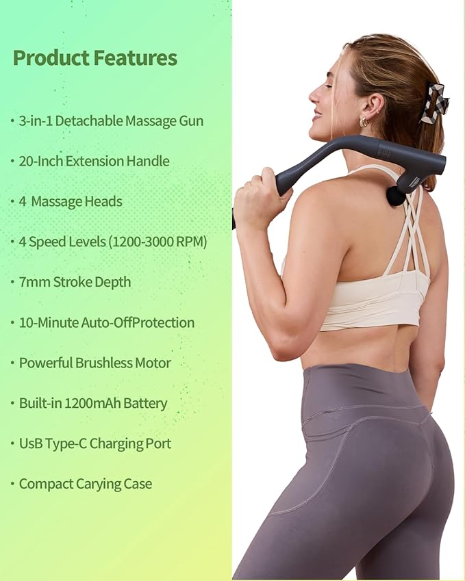 Convertible 3-in-1 Massage Gun Deep Tissue with Extended Handle, Back Pain Relief Percussion Muscle Massager for Neck Shoulder Men Women