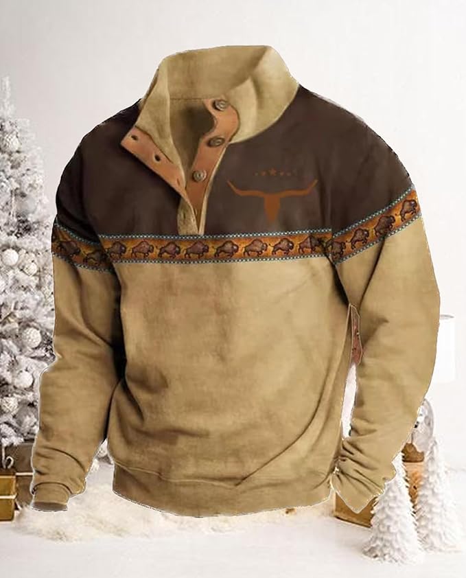 Western Sweatshirts for Men Aztec Retro Pullover Quarter Zip Sweatshirt Mens Stitching Color Fleece Sweatshirt