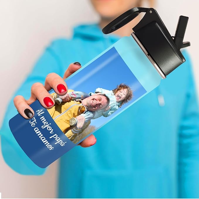 Personalized Photo Water Bottles, 18oz/32oz Custom Pictures Text Stainless Steel Insulated Sport Water Bottle with Straw Lid & Handle, Customized Cup Gifts for Men Women Birthday Anniversary Christmas