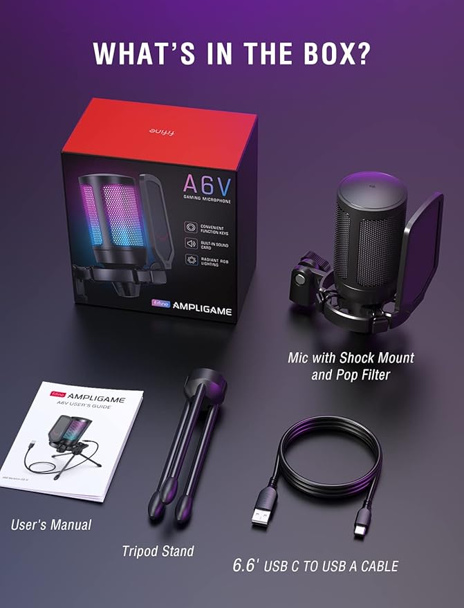 FIFINE Gaming USB Microphone for PC PS5, Condenser Mic with Quick Mute, RGB Indicator, Tripod Stand, Pop Filter, Shock Mount, Gain Control for Streaming Discord Twitch Podcasts Videos- AmpliGame