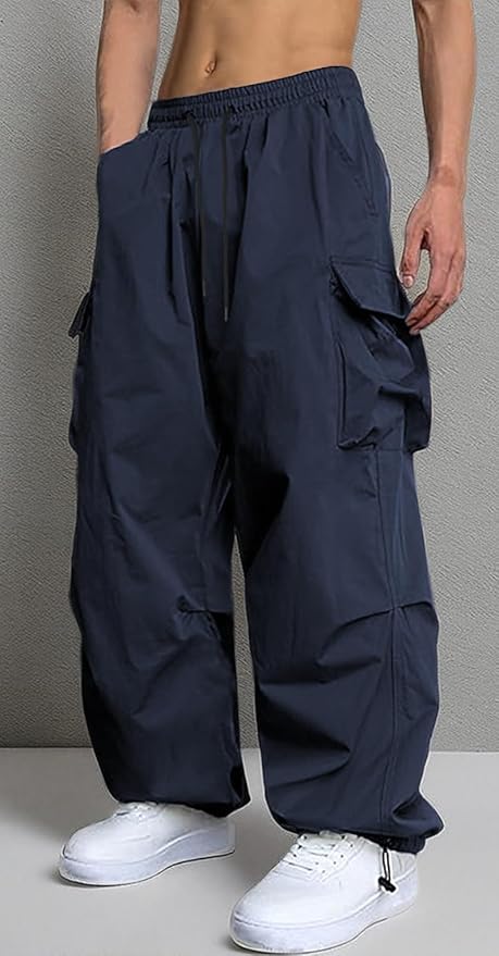 Men's Casual Cargo Pants Elastic Waist Drawstring Street Hip Hop Trousers with Pockets