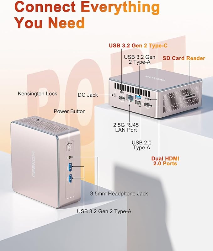 GEEKOM A5 Mini PC 2026 with AMD Ryzen 7 5825U, 16GB DDR4(Not LPDDR), 512GB NVMe SSD, 2.5" SATA HDD, Radeon Vega 8 Graphics, Windows 11 Pro, 8K Quad Display, Dual HDMI, 6XUSB, SD 4.0 Slot