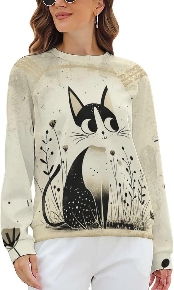 Long Sleeve Shirts for Women Cat Printed Fall Winter Dressy Holiday Casual Fashion Crewneck Tunic Tee Shirts
