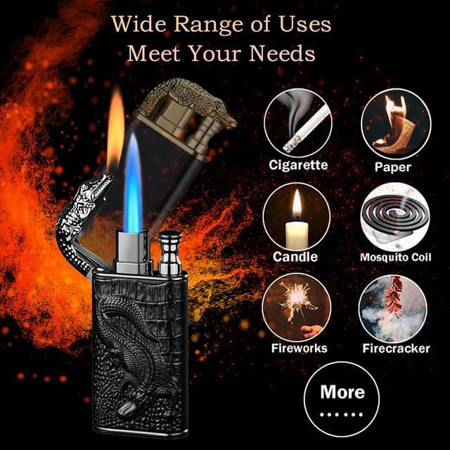 Torch Lighter, Relief Dragon Magic Dual Flame Lighter with Adjusting Flame Tool, Cool Windproof Jet Flame Lighter, Refillable Butane Lighter for Outdoor Indoor(Without Butane)-Black Nickel Dragon