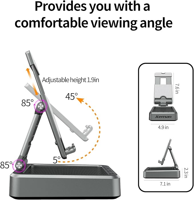Jteman Wireless Bluetooth Speaker Tablet Stand, Adjustable with Bluetooth Speakers,Gifts for Women Men,Kitchen Gadget for Men,Compatible with Phones and Tablet (4.0-12.9'') - Graphite