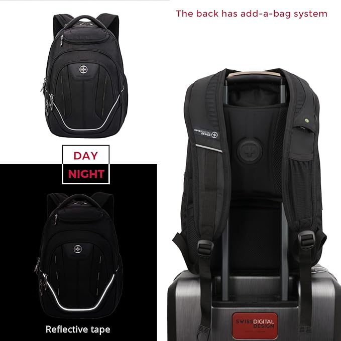 Swissdigital Design Large Travel Backpack For Men, TSA-Friendly Business Laptop Backpack, USB Charging Port,RFID Protection Tech Backpack Fits 15.6Inch Laptop Black/Green | J16BTF-21