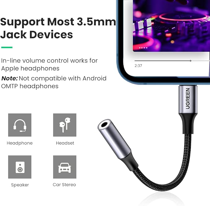 UGREEN Headphone Adapter for iPhone Lightning to 3.5mm Adapter Apple MFi Certified Lightning Aux Audio Jack Dongle Compatible with iPhone 14 Pro Max/14 Plus/13 12 11 Pro Max/SE/XS, Grey