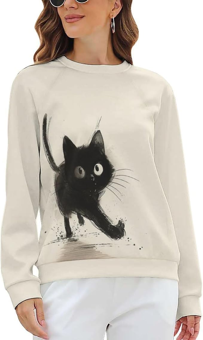 Long Sleeve Shirts for Women Cat Printed Fall Winter Dressy Holiday Casual Fashion Crewneck Tunic Tee Shirts