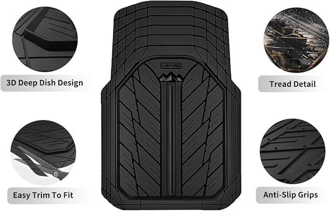 CAR PASS Small DeepDish Floor Mats for Cars, Heavy Duty Rubber Car Mats 2-Piece, Universal Trim-to Fit Automotive Floor Mats Front Only for Truck Van SUV Waterproof All Weather Car Mats (Black)