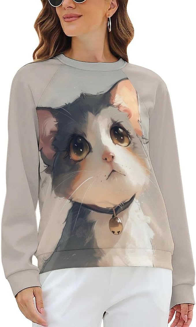 Long Sleeve Shirts for Women Cat Printed Fall Winter Dressy Holiday Casual Fashion Crewneck Tunic Tee Shirts