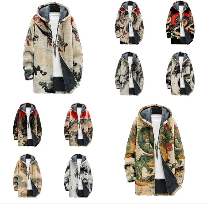 Mens Hooded Cardigan Japanese Art Zip Up Long Sleeve Sweater Hoodie Dragon Print Coat with Pockets