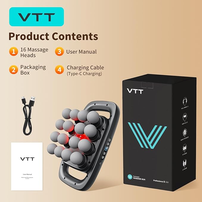 VTT 16-Head Massage Gun Set, Deep Tissue Percussion Massager with 3 Modes & 30 Intensities,Quiet Muscle Massage Gun for Back,Shoulders, Legs, Foot, Body Muscle Pain Relief