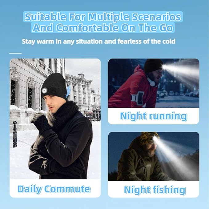 Bluetooth Beanie with LED Light & Removable Speakers, USB Rechargeable Bluetooth Beanie Hat with Light,for Men Husband Teen