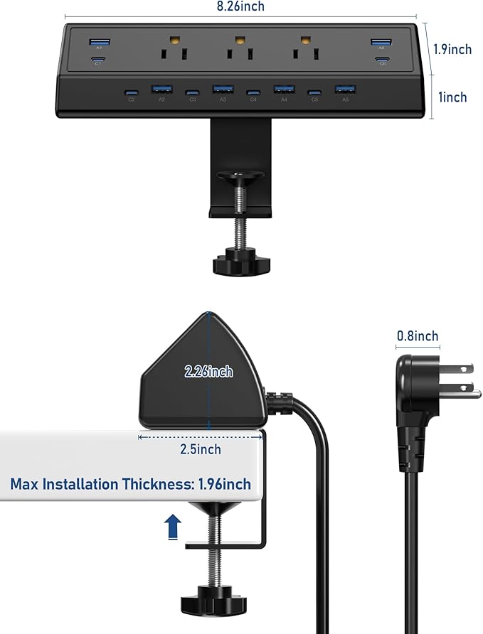 Jgstkcity 130W Desk Clamp Power Strip, 12 USB Ports (6 PD 65W USB-C),Surge Protector,ETL Listed Power Hub Extension Cord,Fast Charging Station for Home Office Desk Edge Mount (Black, 12 USB-130W)