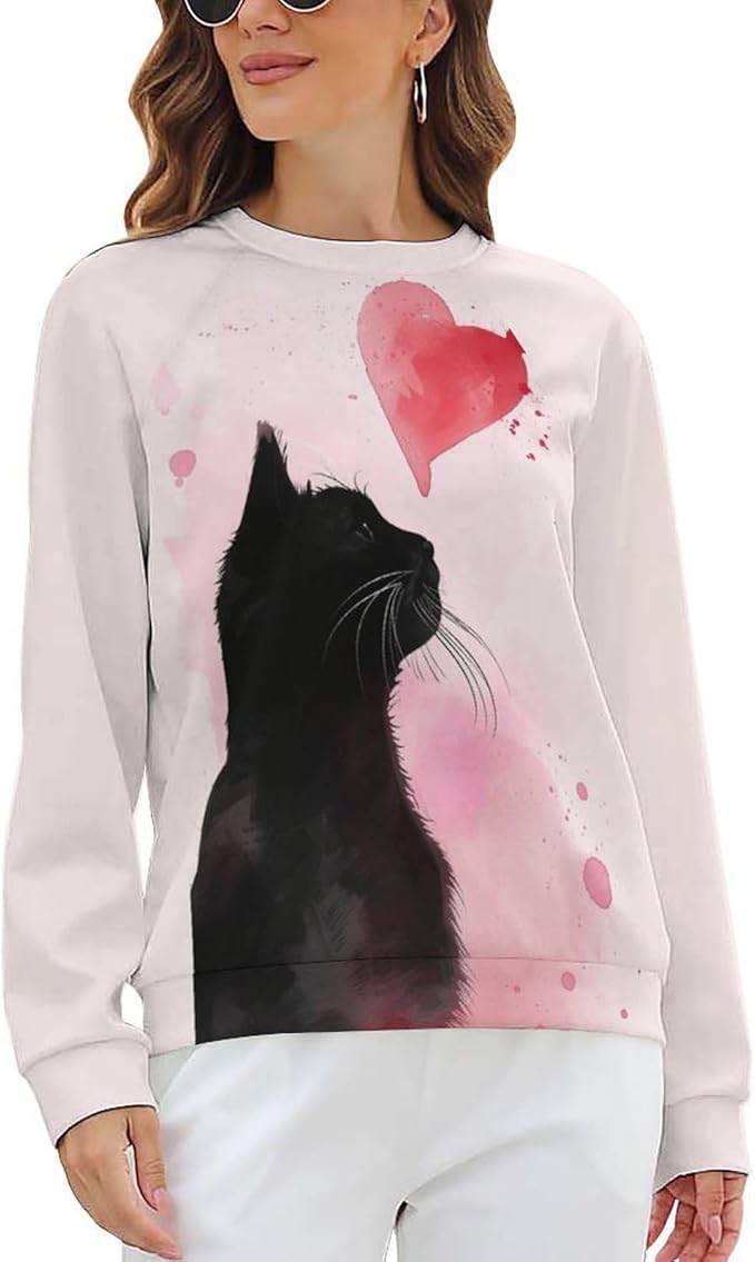 Long Sleeve Shirt Women Fall Cat Print Funny Hide Belly Vacation Plus Size Ladies Hippie Dressy Sweaters
