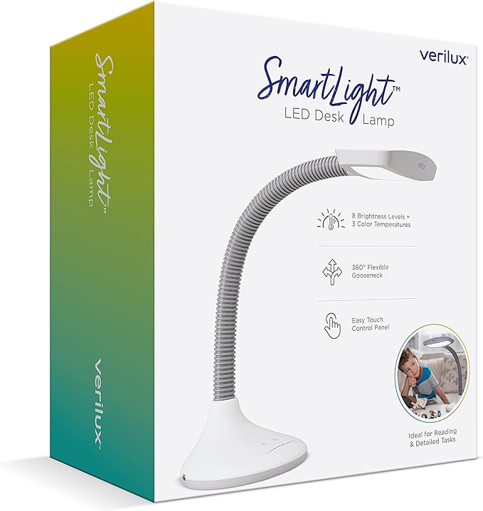 Verilux SmartLight Full Spectrum LED Desk Lamp with Adjustable Brightness, Flexible Gooseneck and Integrated USB Charging Port - Reduces Eye Strain and Fatigue - Ideal for Readers, Artists, Crafters