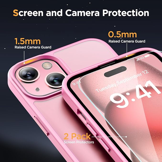 Miracase Magnetic for iPhone 15 Case (Compatible with MagSafe)(with 2X Screen Protectors) Military-Grade Protection, Anti-Fingerprint Translucent Matte Phone Cover for iPhone 15 6.1 inch, Mes Pink
