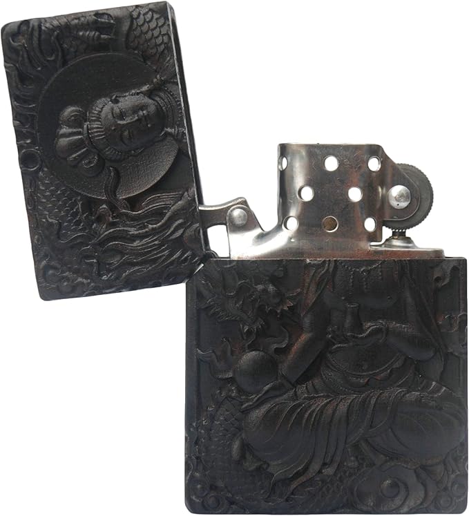 Natural Ebony Black Wood Carved Lighter Shell Box For Zippo Module (Kwan Yin Goddess Dragon)