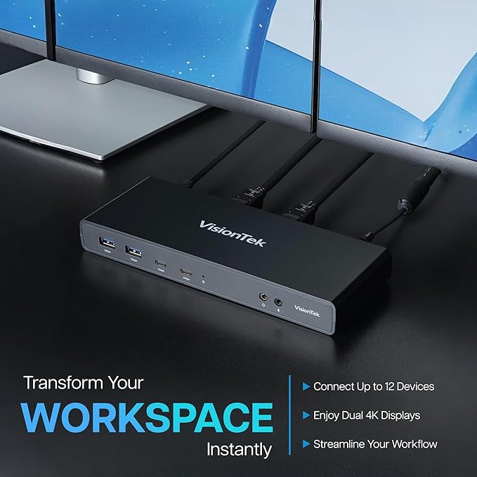 VisionTek VT4500 12in1 Docking Station Dual Monitor 4K – x2 HDMI, x2 DisplayPort, 60W USB-C PD, x4 USB-A 3.0, x2 5Gbps USB-C, 3.5mm Audio Jack, & Ethernet – Compatible with Laptop, PC, and MacBook