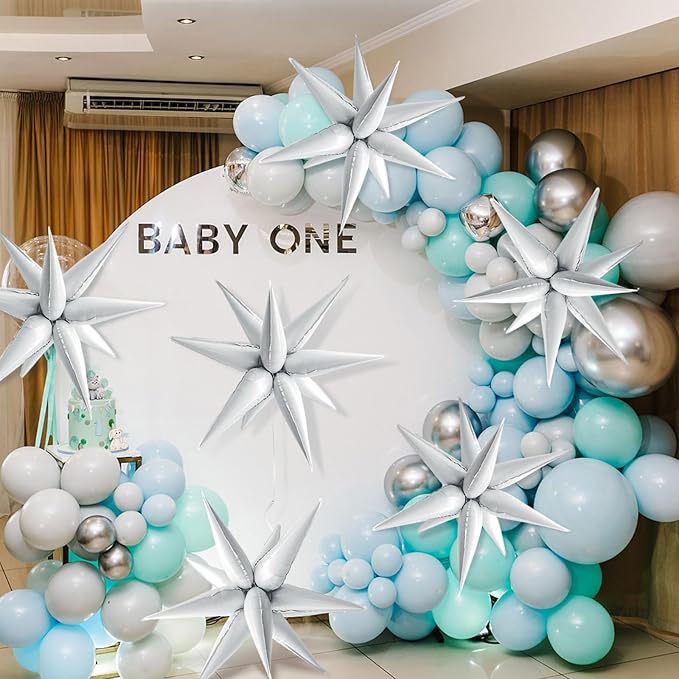 White Star Balloons Foil Explosion Mylar Baloons - 60Pcs Large Spike Balloon White Party Decorations for Birthday Wedding Engagement Anniversary Bachelorette Graduation Halloween Christams