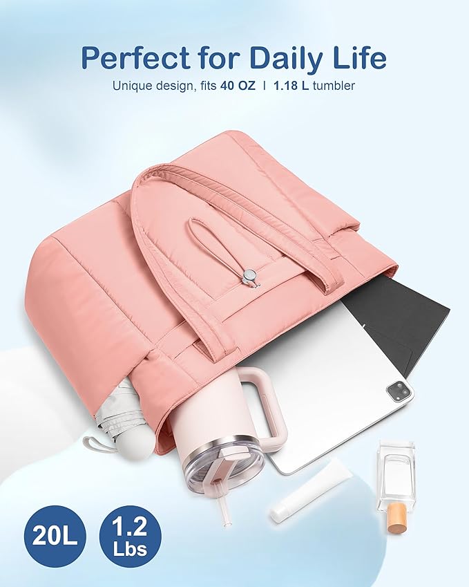 TOPDesign Puffy Tote Bag for Women with Cup Holder & Laptop Compartment & Cosmetic Bag & Trolley Sleeve for Work, Travel