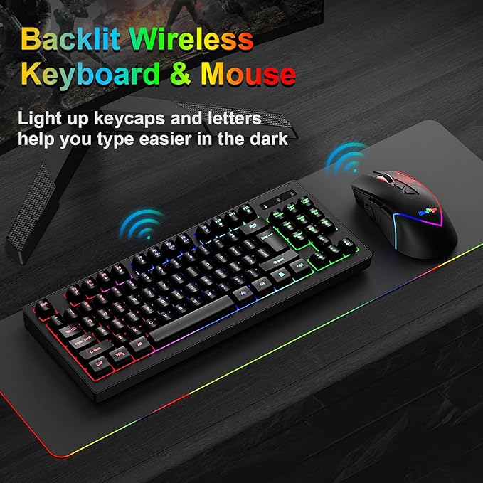 BlueFinger Wireless Keyboard and Mouse Combo, Long Lasting Rechargeable Battery 87 Keys RGB Rainbow Backlit Gaming Keyboard & Ergonomic Light Up Gaming Mouse for Mac Laptop Computer PC Gamer
