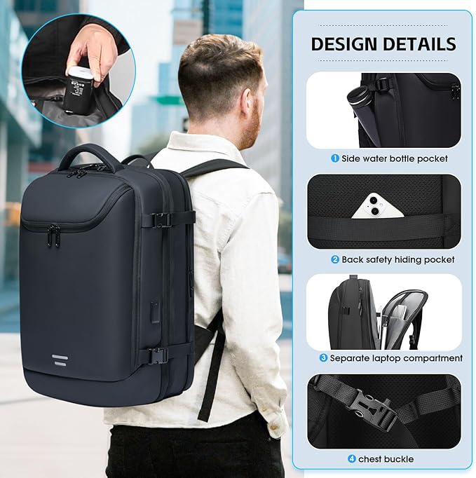Vacuum Backpack Travel with Pump, 40L Expandable Carry on Compression Backpack Flight Approved for Women Men Fit 17 Inch Laptop with USB Charging Port Business Weekender