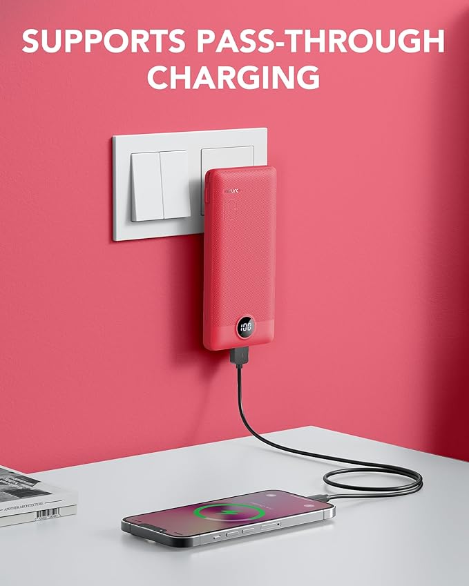 Portable Charger Built-in Cables and AC Wall Plug, VRURC USB C Power Bank 10000mAh, Travel Battery Portable Phone Charger Compact Lightweight External Battery Pack for SmartPhones,Tablets-Viva Magenta