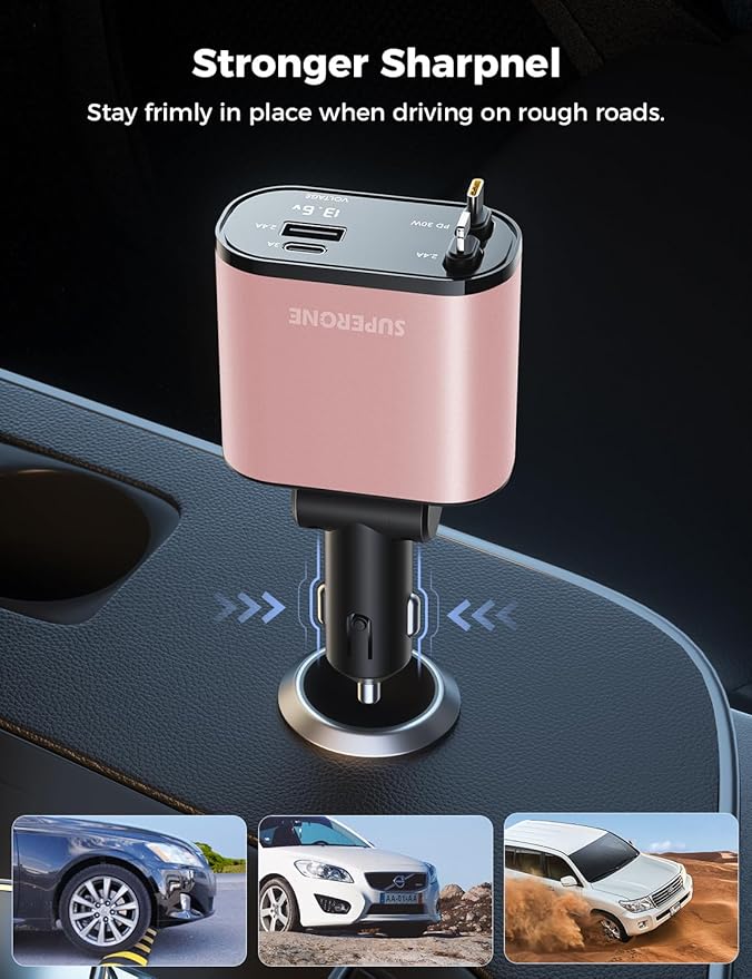 【Upgraded】 SUPERONE Retractable Car Charger 4 in 1, Fast Car Phone Charger with Cord 2.6ft, USB C Car Charger Adapter, Compatible with iPhone 17/16/15/15 Pro Max/14/13/12/11, Galaxy, Pixel