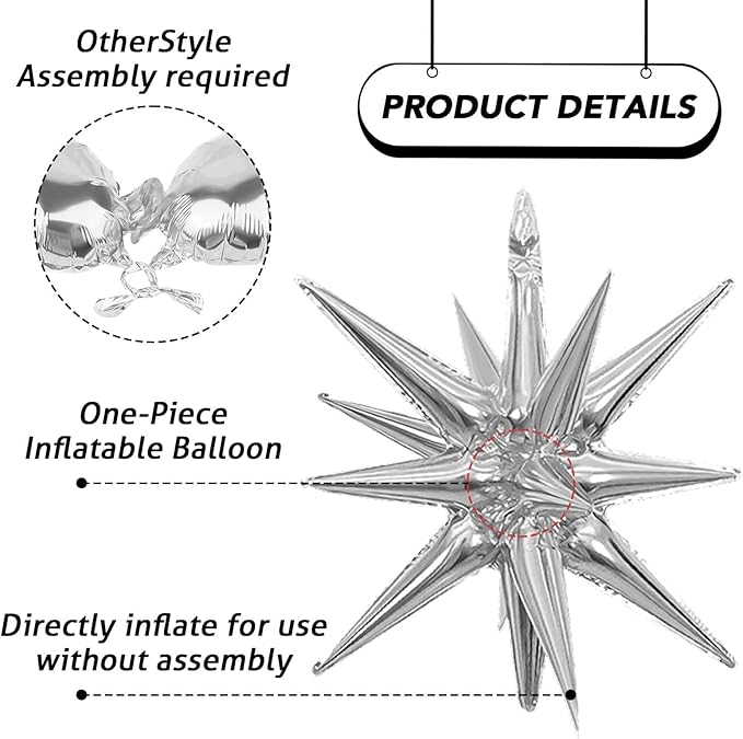 6PCS Black Silver Star Balloons, 22Inch Large Star Balloon Explosion Foil Balloons Cone Spike Balloon for Birthday Graduation Wedding Halloween New Year Party Decorations