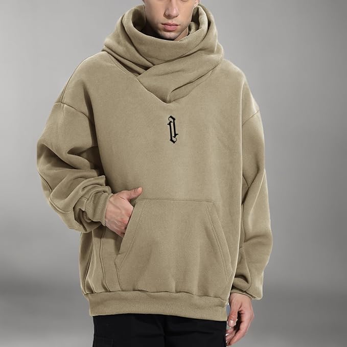Fleece Hoodies for Men Cowl Neck Sweatshirts Hood with neck Gaiter Casual Pullover Fall Winter with Embroidery