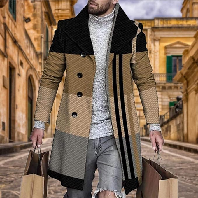 Men's Plaid Long Trench Coat Mid - Length Lapel Collar Button Down Warm Overcoat for Winter & Autumn Fashion