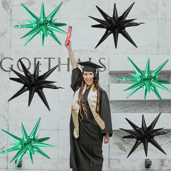 6PCS Star Balloons, 22Inch Large Black Green Star Balloon Explosion Foil Balloons Cone Spike Balloon for Birthday Graduation Wedding Anniversary Party Backdrops Decorations